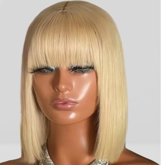 New  Long Bob Platinum Blonde Wigs with Bangs Synthetic Daily Wig Soft Straight - Picture 1 of 8